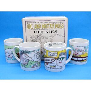 New Bunny Matthews Vic & Nat'ly Coffee Mugs Set Of 4 DH Holmes Japan Vtg 1985